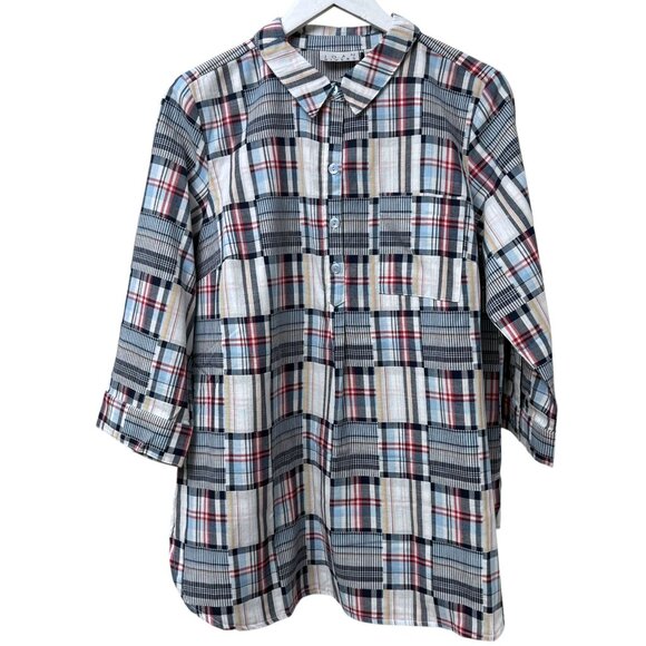 Joan Rivers Madras Shirt Size Medium Blue Plaid Womens Top Preppy Patchwork QVC - Picture 1 of 8